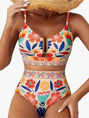 Herseas NWOT M TROPICAL Floral TIKTOK VIRAL High-Waist Two-Piece Bikini Set